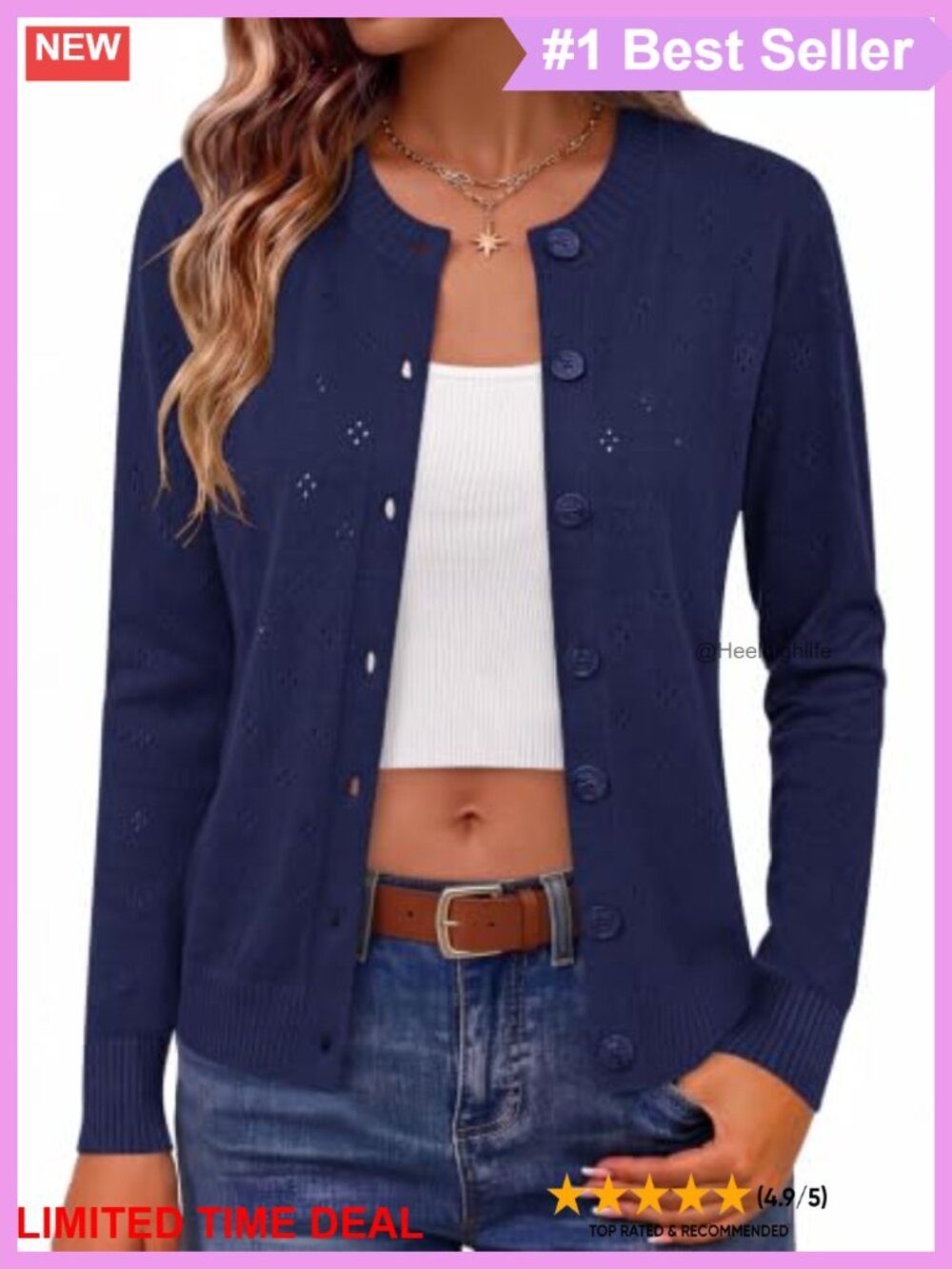 Knit Cardigan Sweater Crew Neck Button Down Long Sleeve Lightweight